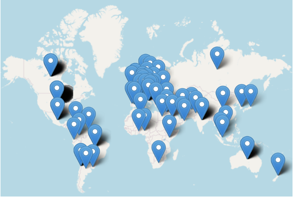 Global map with locations of R Medicine registrants indicated