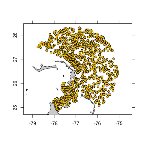 Spatial plot of Arfo floats off the Bahamas