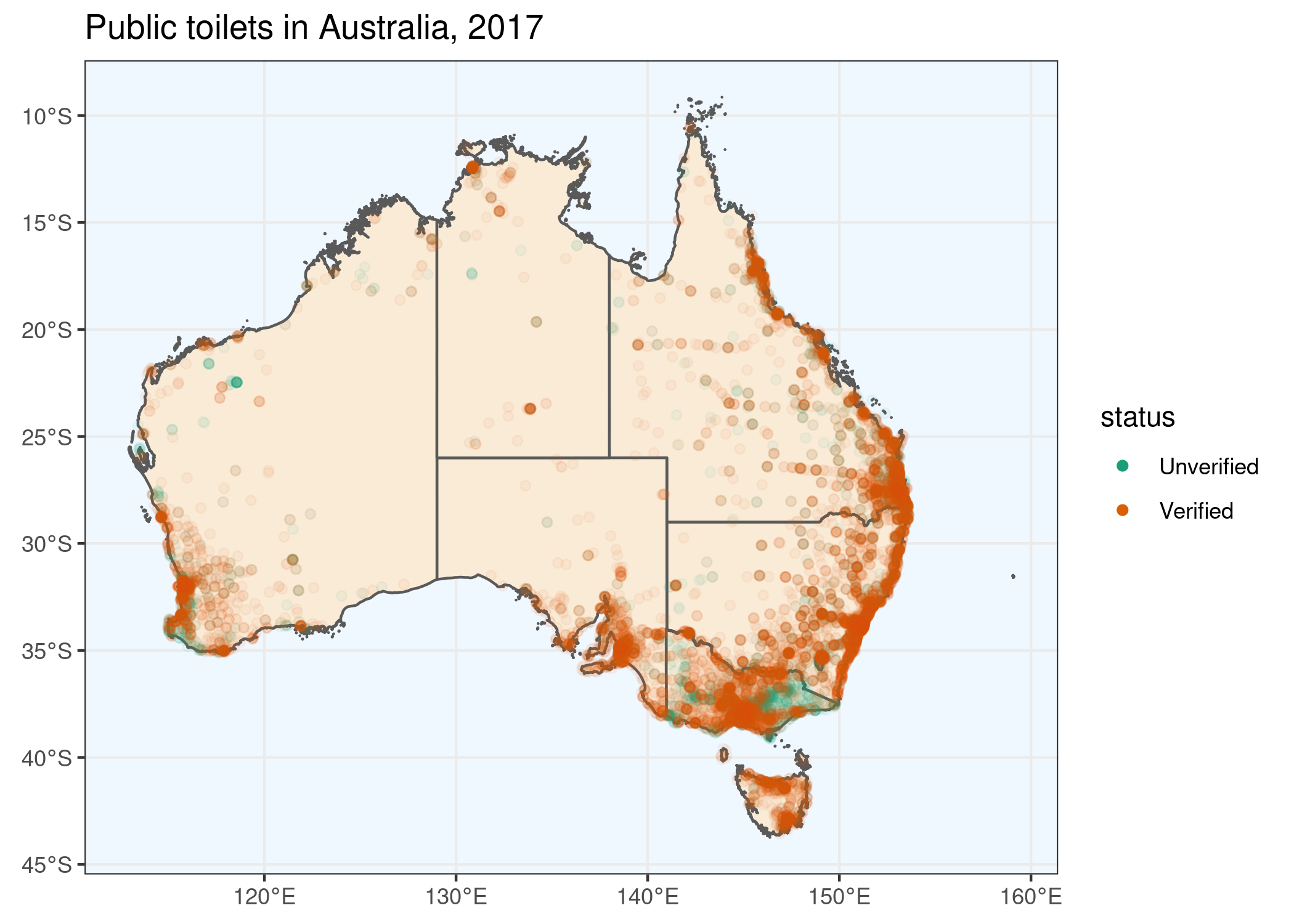 Map locating public toilets in Australia