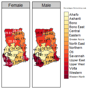 Map of Ghana showing percentage of school dropouts by region and gender