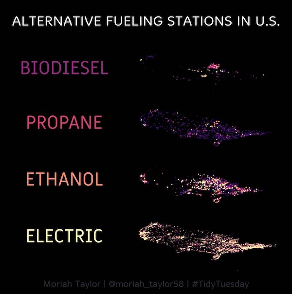 Stacked tilted map showing density of biodiesel, propane, ethanol, and electric fueling stations in the U.S.