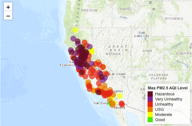 Map of Western US with bubble chart of air quality