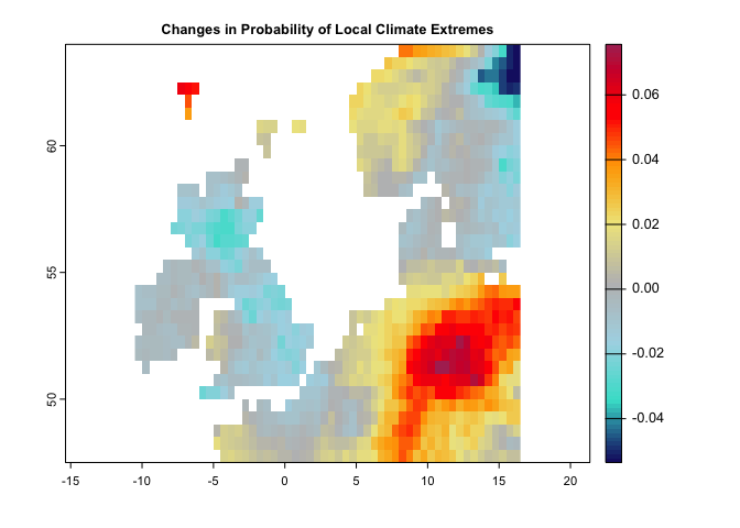 Plot of  changes in climate extremes over portion of Europe