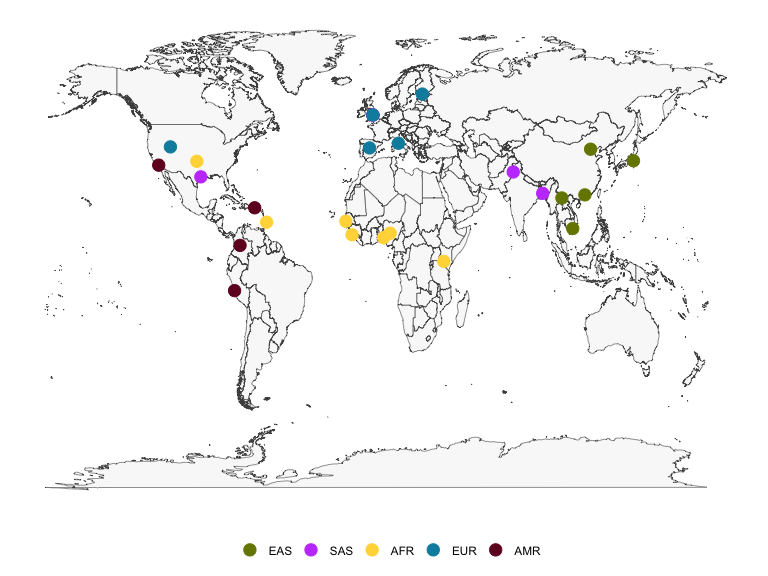 Map showing locations of 1000 Genomes Phase 3 populations