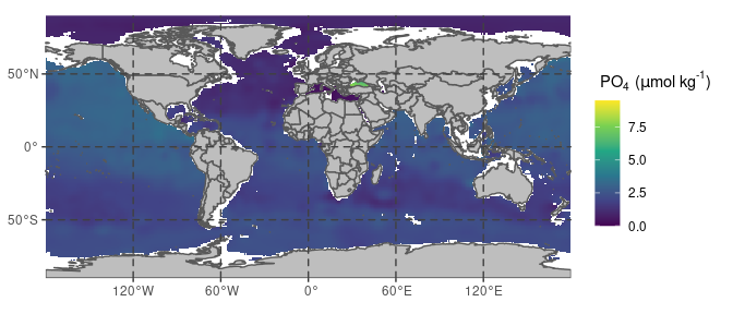 World map showing ocean PO4 levels