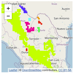 Map showing the geographic clusters for a species that can travel two steps per unit time