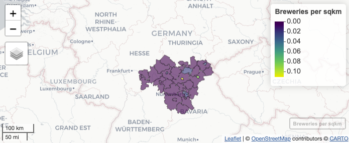 map showing Breweries per sq km in Bavaria