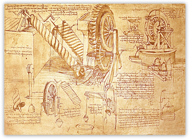 Leonardo da Vinci was a prolific user of notebooks, creating thousands of pages that are still around today. This page from the Codex Atlanticus shows notes and images about water wheels and Archimedean Screws.