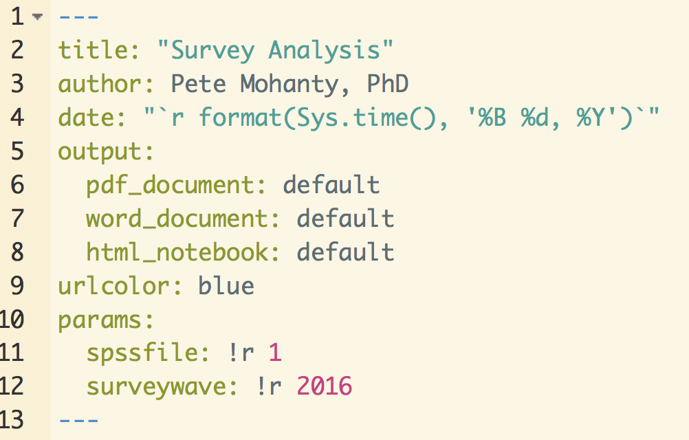 Automating Summary Of Surveys With Rmarkdown R Views - that creates variables params spssfile and params surveywave that can be controlled externally from other r sessions and gives them default values of 1 and