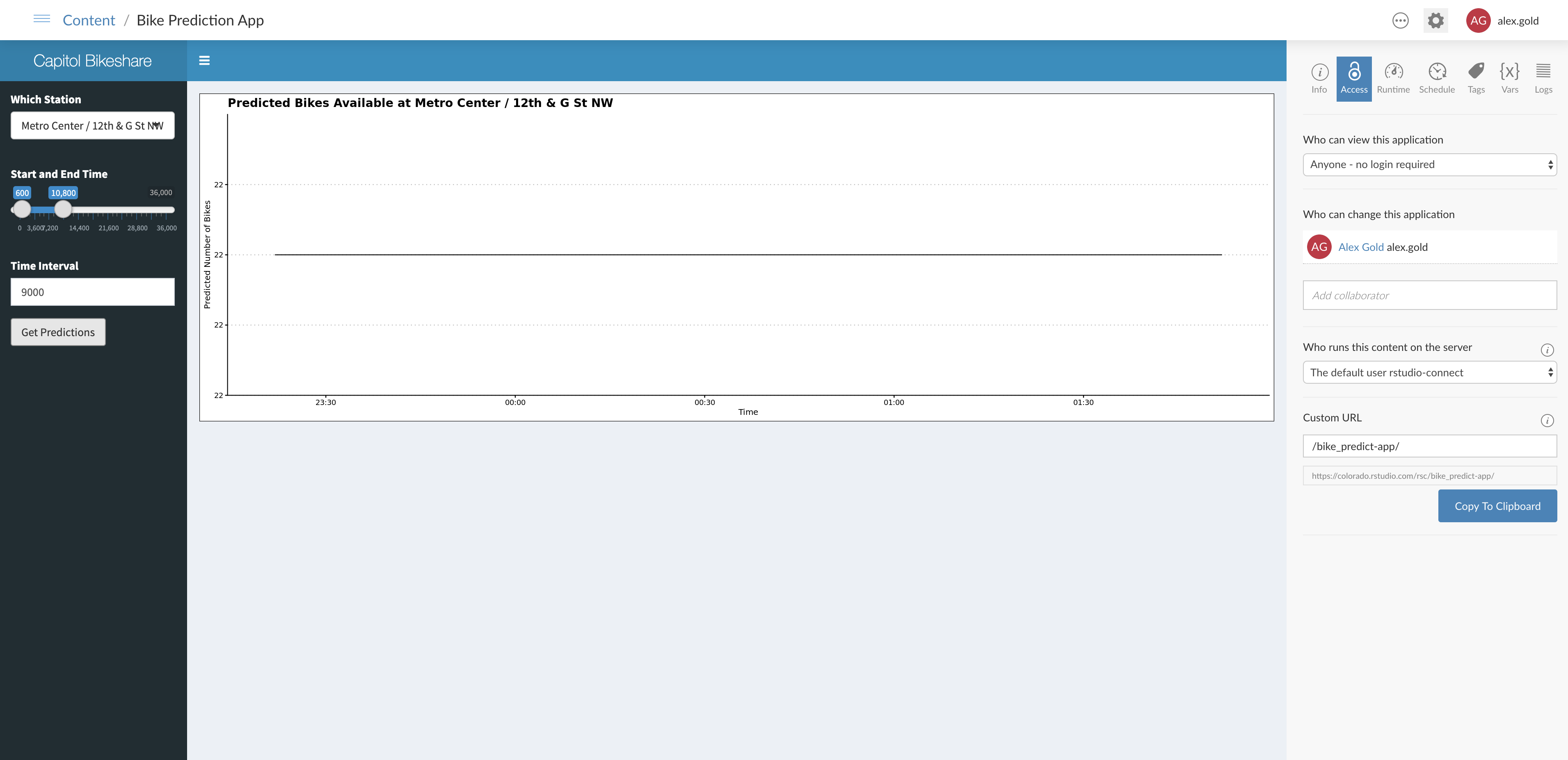 A Shiny app is deployed, which consumes the prediction API and visualizes the number of bikes available.