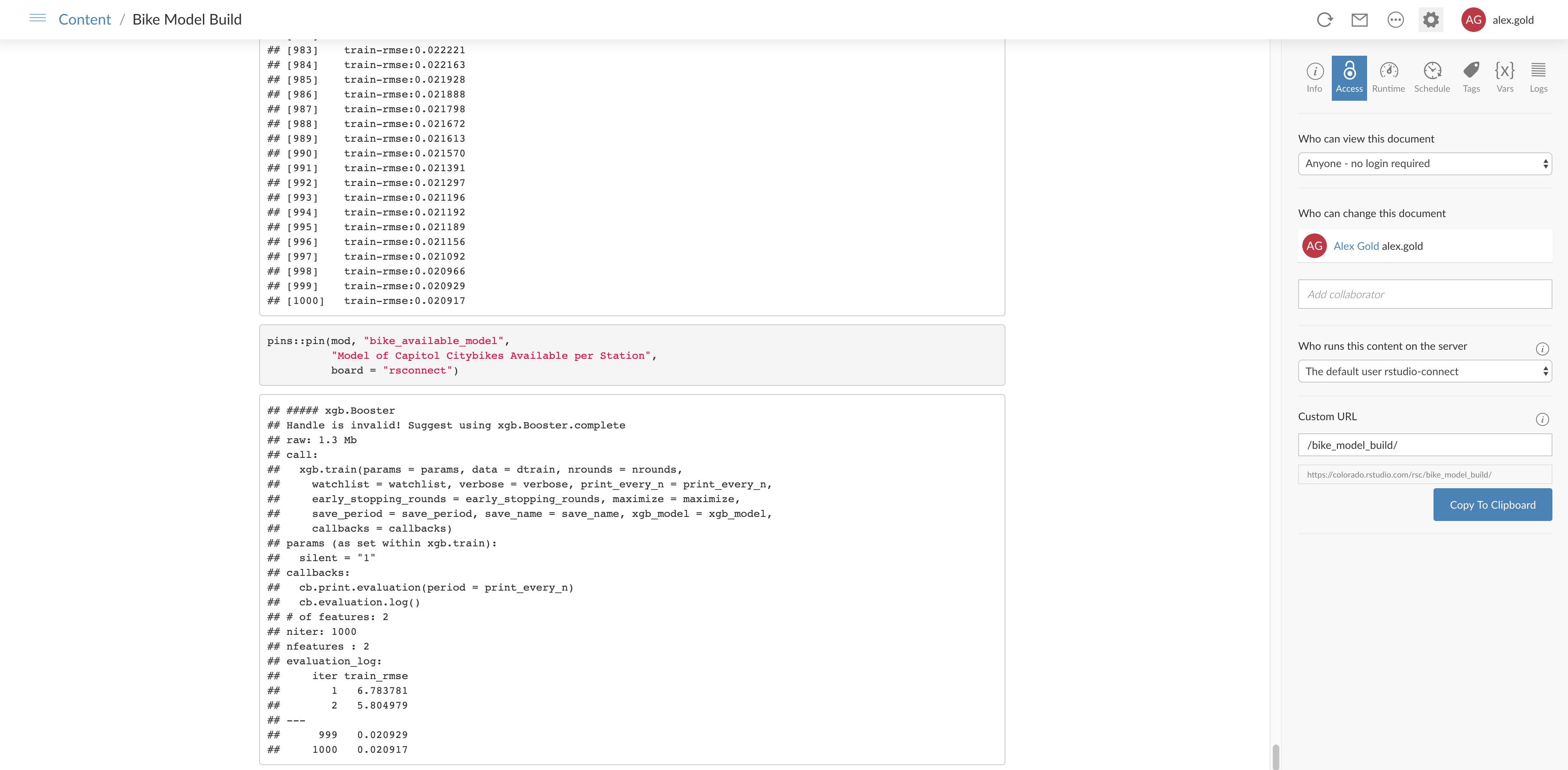 An XGBoost model is trained and pinned to RStudio Connect on demand by a deployed RMarkdown script